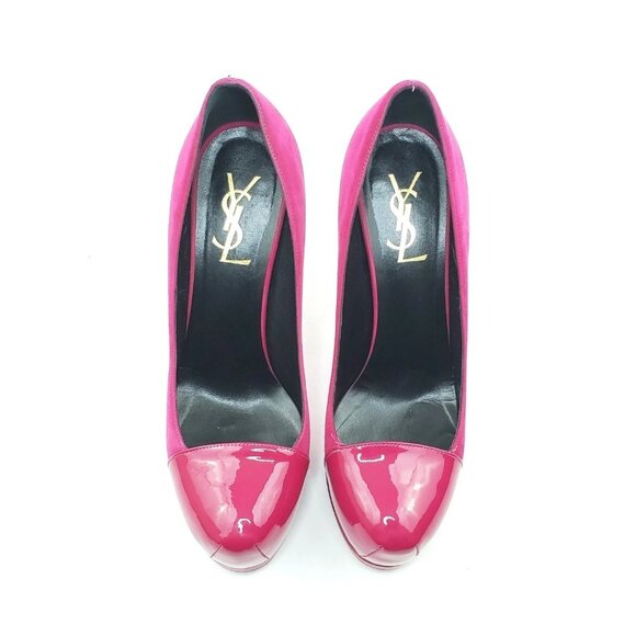 Yves Saint Laurent Tribtoo Platform Pumps Pink Suede Patent Cap Toe 36.5 US 6.5 - Picture 5 of 12